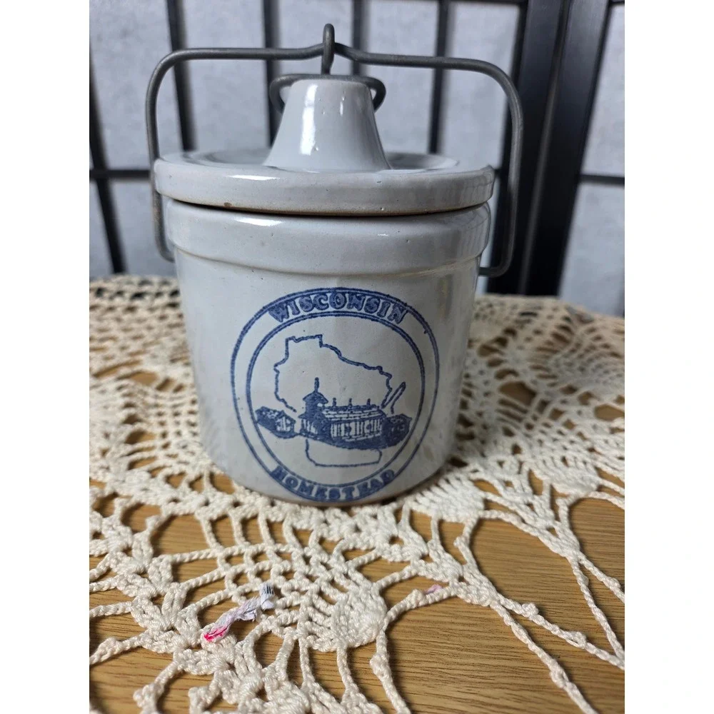 Vintage Wisconsin Homestead Stoneware Crock with Lid and Wire Bail Handle